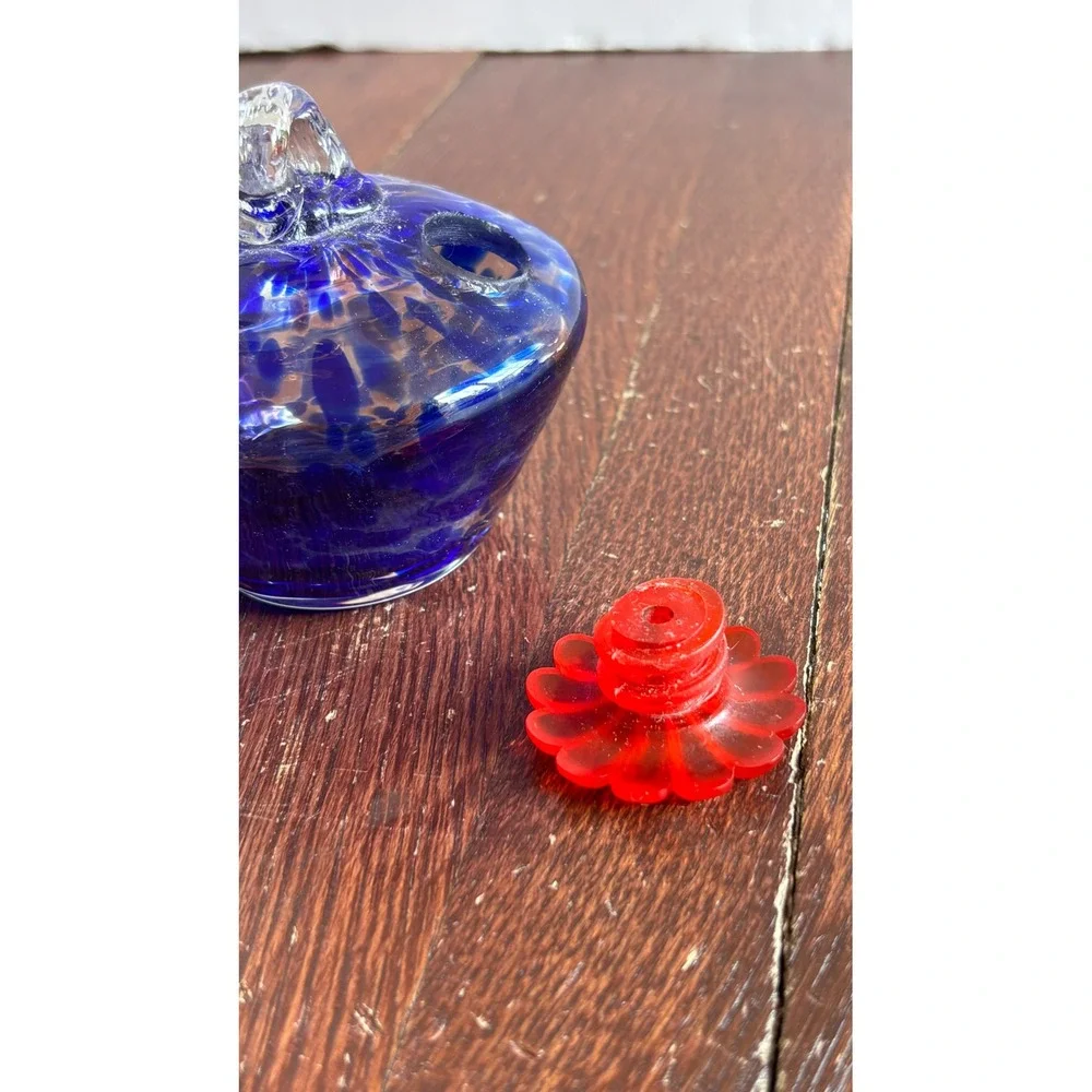 Hand Blown Glass Hummingbird Feeder Cobalt Blue Confetti Red Flower Port Hanging